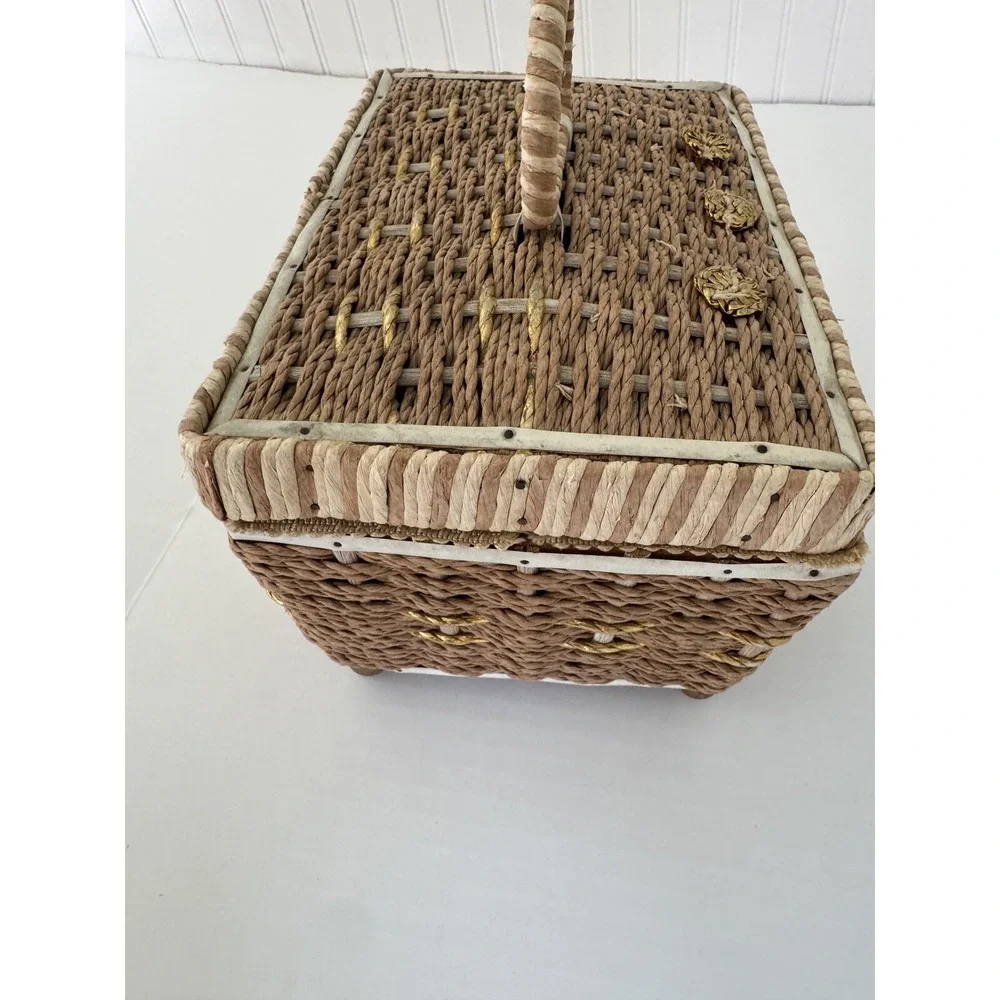 Vintage Sewing Basket Notions Box Woven Decorative Trinket Storage Used Grandma